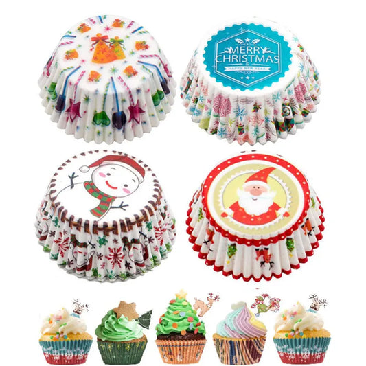 100Pcs Christmas Cupcake Paper Cups Muffin Cupcake Liners Merry Christmas Cake Mold Baking Cup Home Christmas Cake Decorations
