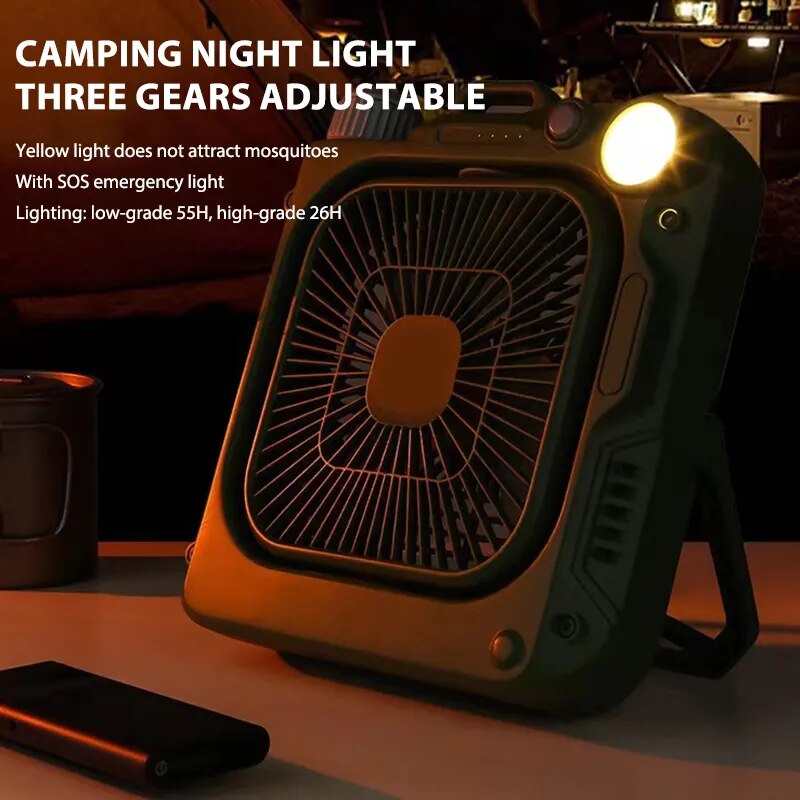 10000mAh Multifunctional Outdoor Portable Camping Rechargeable Fan  Circulator Wireless Ceiling Electric Fan LED Lighting